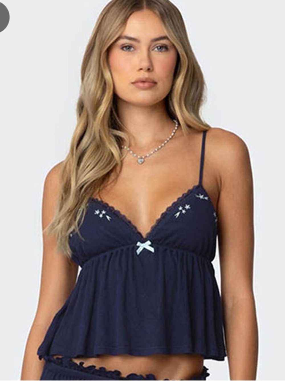 Edikted Navy Blue Dream Babydoll Waffle Crop Tank Top Size S
